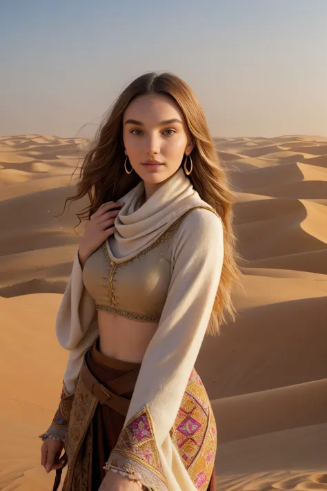 a woman in a desert outfit standing in the sand