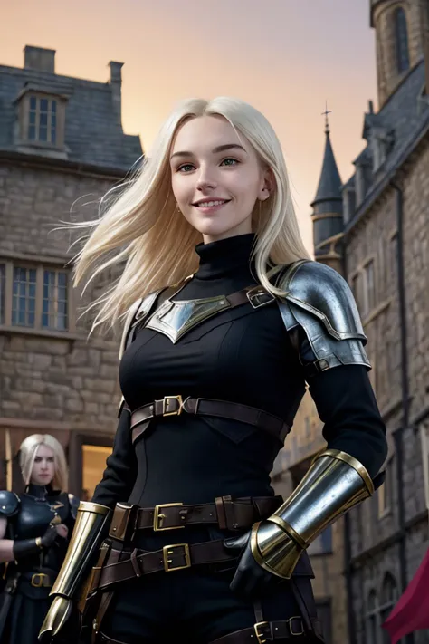 blond woman in armor poses in front of a castle