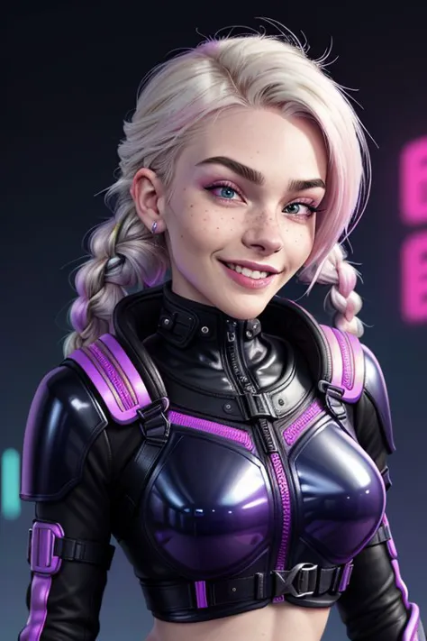 neonpunk style, cyberpunk, vaporwave, neon, vibes, vibrant, stunningly beautiful, crisp, detailed, sleek, ultramodern, magenta highlights, dark purple shadows, high contrast, cinematic, ultra detailed, intricate, professional headshot photo of <lora:JadeLloyd_v1:0.9> JadeLloyd with platinum blonde hair and a big goofy grin, focus on face, wearing leather armor , her hair is styled as French braid hair,