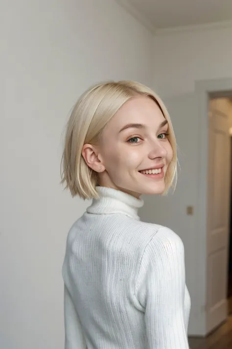 a woman with blonde hair and a white sweater smiling