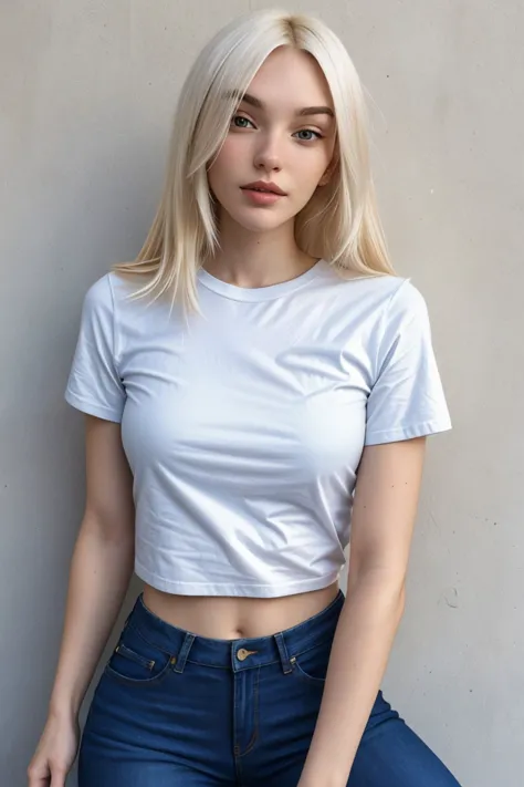 a woman in a white shirt and jeans posing for a picture