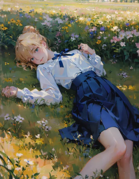 (masterpiece, best quality:1.2), dutch angle, close shot, phSaber, phAltoria, 1girl, solo, blue ribbon, skirt, smile, shirt, blue skirt, white shirt, long sleeves, french braid, hair bun, high-waist skirt, neck ribbon, short hair, laying on ground, cute, (wind), (dyamic shot:1.3), in a flower field, crepuscular rays, (rim light:1.2), pastel colors, oil painting, post-Impressionist, monet style, <lora:saber_v1:0.8>