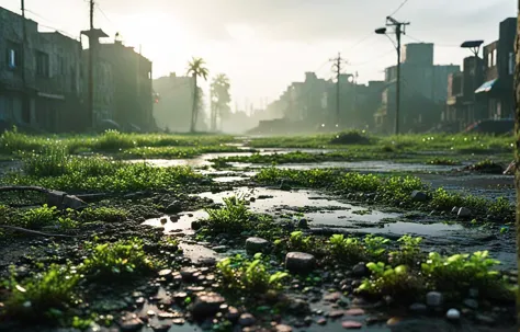 Gl1tchBasalt, abandoned city landscape, Photorealistic 3D game concept with extraterrestrial landscape with ground made of voronoi-shaped prismatic voxels and with low-poly early evening abandoned decaying  urban landscape flooded with dense milky-green fog laying on the ground.( Shallow depth of field, strong swirly bokeh effect, volumetric lighting, light caustics, sun flares, light leaks and subsurface light scattering:1.15) are emphasizing the surreal pleasant intricate picture.
BREAK (shallow depth of field, smooth background with strong swirly bokeh effect:1.25)