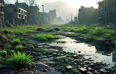 Gl1tchBasalt, abandoned city landscape, Photorealistic 3D game concept with extraterrestrial landscape with ground made of voronoi-shaped prismatic voxels and with low-poly early evening abandoned decaying  urban landscape flooded with dense milky-green fog laying on the ground.( Shallow depth of field, strong swirly bokeh effect, volumetric lighting, light caustics, sun flares, light leaks and subsurface light scattering:1.15) are emphasizing the surreal pleasant intricate picture.
BREAK (shallow depth of field, smooth background with strong swirly bokeh effect:1.25)