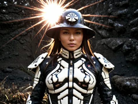 remarkable stylized picture of (Cyborg Samurai assassin:0.7) wearing a high collar motorcycle jacket with japanese writing, fight stance, shoulders implementations of wires and nano Future Tech, Large sedge hat, long hair in wind, weapon, (skull, skeleton, Synthwave sunrise scene with bleaked dark colorful Neon and black details:0.5)
BREAK Gl1tchBasalt  <lora:Gl1tchBasalt-000025:0.95>, texture imitating alien city made of voronoi-shaped prismatic voxels protruding from black ground in abandoned decaying  city flooded with dense milky-green fog laying on the ground. white-blue voxels
BREAK (from_below:1.2), (realistic raw photograph, shallow depth of field with strong swirly bokeh effect:0.6), analog film grain and analog film physical effects simulation, light leaks and sun flares, ( tessellation:0.9), (surreal ethereal otherworldly scenery:1.15), (lifelike,crisp,precise:1.2), Volumetric lighting, light caustics, sun flares, light leaks and subsurface light scattering