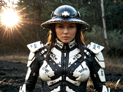 remarkable stylized picture of (cyborg samurai assassin:0.7) wearing a high collar motorcycle jacket with japanese writing, figh...