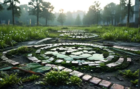 Gl1tchBasalt, abandoned city landscape, Photorealistic 3D game concept with extraterrestrial landscape with ground made of voronoi-shaped prismatic voxels and with low-poly early evening abandoned decaying  urban landscape flooded with dense milky-green fog laying on the ground.( Shallow depth of field, strong swirly bokeh effect, volumetric lighting, light caustics, sun flares, light leaks and subsurface light scattering:1.15) are emphasizing the surreal pleasant intricate picture.
BREAK (shallow depth of field, smooth background with strong swirly bokeh effect:1.25)