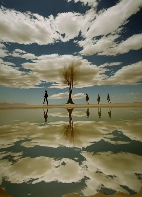 a group of people walking across a desert , outdoors, multiple boys, sky, day, cloud, tree, cloudy sky, grass, scenery, reflecti...