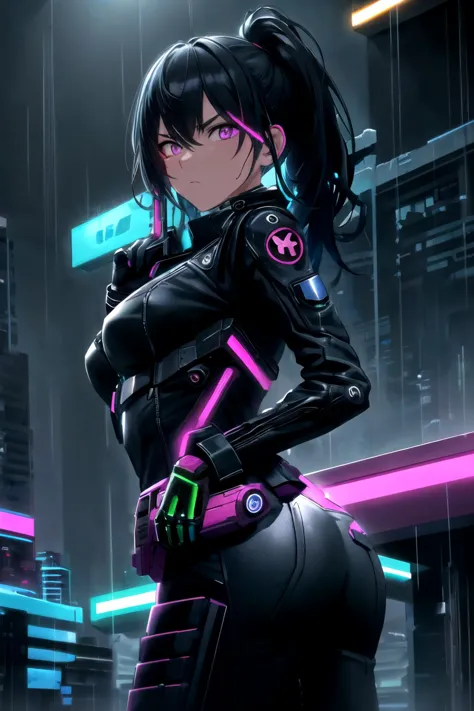 a woman in a futuristic outfit standing in the rain