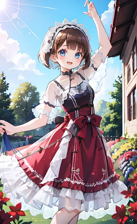 anime girl in a red and white dress holding a blue umbrella