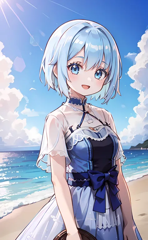 1girl, upper body, standing, short hair, blue hair, blue eyes, cnsdress, short sleeves, see-through sleeves, open mouth, smile, outdoors, beach, blue sky, sunlight <lora:cns_dress_style4_v1:0.6>