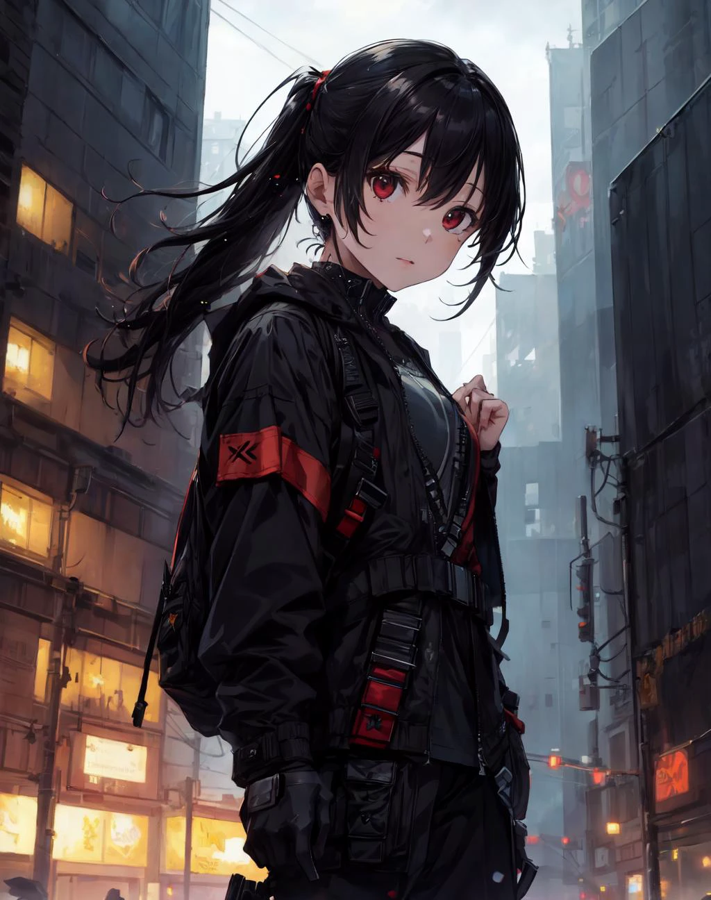 accurate anatomy, mature woman
highrise, sky-scraper, tower, on top of building,  portrait, cyberpunk city, future , techwear, windbreaker, straps, buckle. belt, utility, combat vest, pants, jacket, (black clothing, red accents)
standing. gothic, detailed skin, long hair, facing viewer, 1girl,  (jewellery), shiny hair,
looking at viewer,
((masterpiece:1.3), RTX, depth of field, bokeh, 8k, hi-res, extremely detailed, light particles(sharp focus), skinden)
 