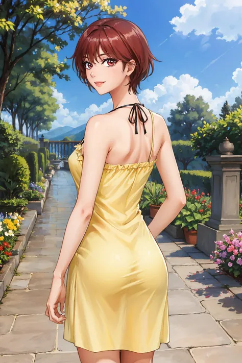 masterpiece, best quality, <lora:fujiedayoshino-nvwls-v1-000010:0.9> fujieda yoshino, yellow sundress, from behind, garden, looking at viewer, smile