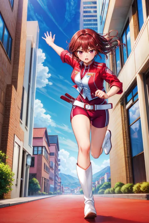 masterpiece, best quality, <lora:fujiedayoshino-nvwls-v1-000010:0.9> fujieda yoshino, brown hair, red uniform, red jacket, white belt, red shorts, white boots, running, cityscape, sky, clouds, jumping, furrowed brow