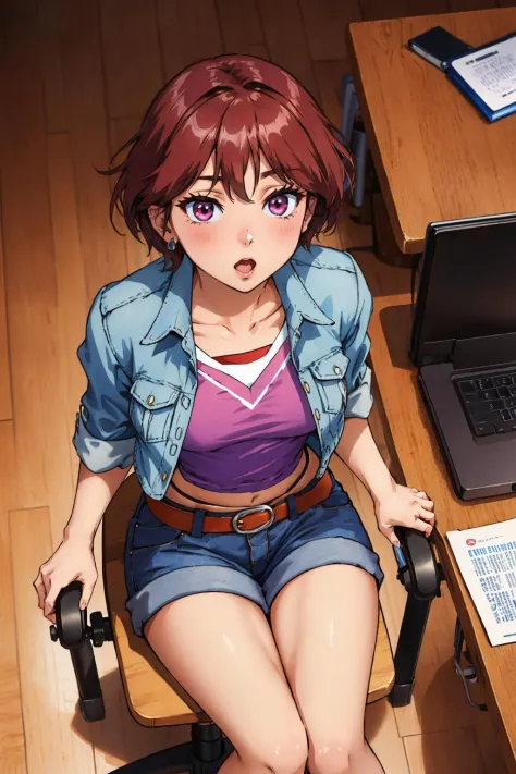 masterpiece, best quality, <lora:fujiedayoshino-nvwls-v1-000010:0.9> fujieda yoshino, denim jacket, pink shirt, belt, denim shorts, sitting, desk, chair, looking at viewer, from above, :o