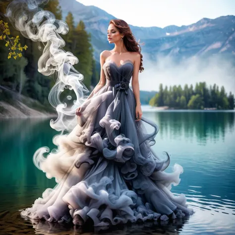 smoke dress, sm0k3dr3ss, woman, beautiful, lake,  <lora:Smoke_Shesh_Dress_XL:0.7>