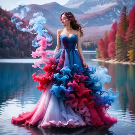 smoke dress, sm0k3dr3ss, woman, beautiful, lake,  <lora:Smoke_Shesh_Dress_XL:0.7> pink, blue, red