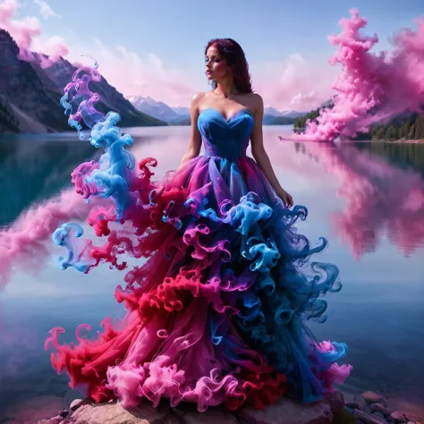 smoke dress, sm0k3dr3ss, woman, beautiful, lake,  <lora:Smoke_Shesh_Dress_XL:0.7> pink, blue, red
