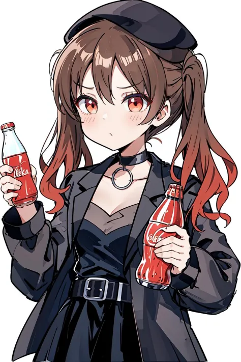 Otsuki Yoyoko, beret, twintails, choker, black jacket, open jacket, black dress, long sleeves, belt, holding coca-cola bottle, s...
