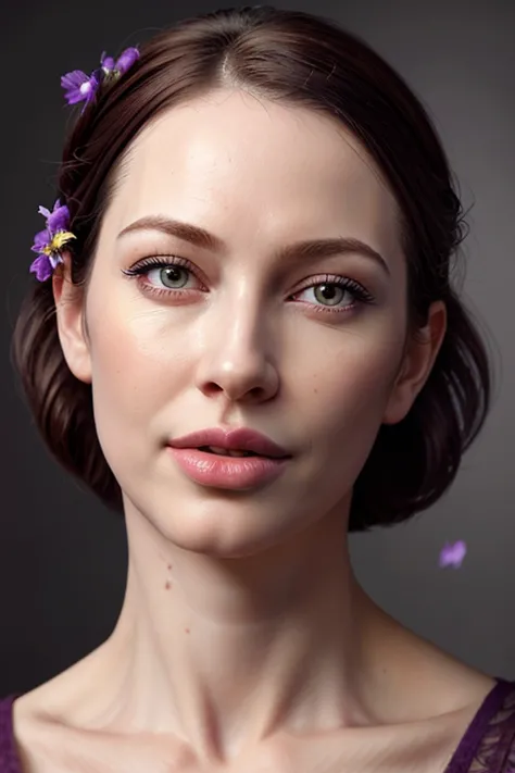 a woman with a purple flower in her hair