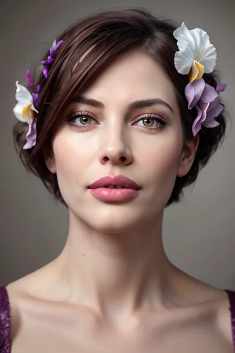 a woman with a flower in her hair posing for a picture