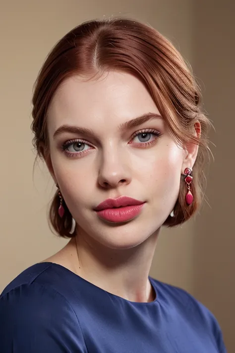 a close up of a woman with red hair wearing a blue dress