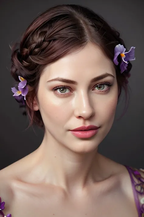 a close up of a woman with flowers in her hair