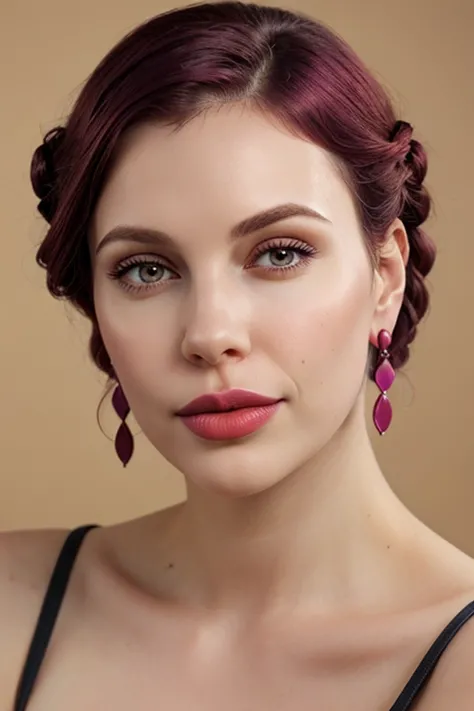 a close up of a woman with red hair wearing earrings