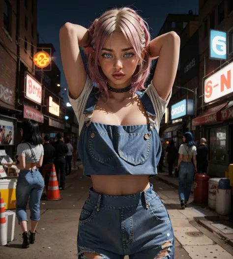 arafed woman with pink hair and overalls posing in a city