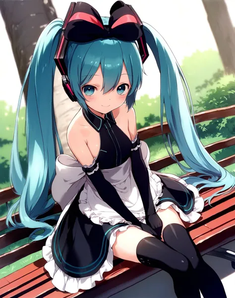 anime girl with blue hair sitting on a bench in a park