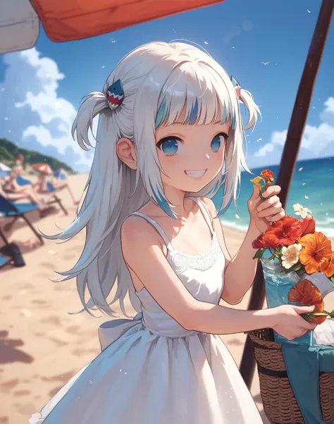 anime girl with white hair and blue eyes holding flowers on the beach