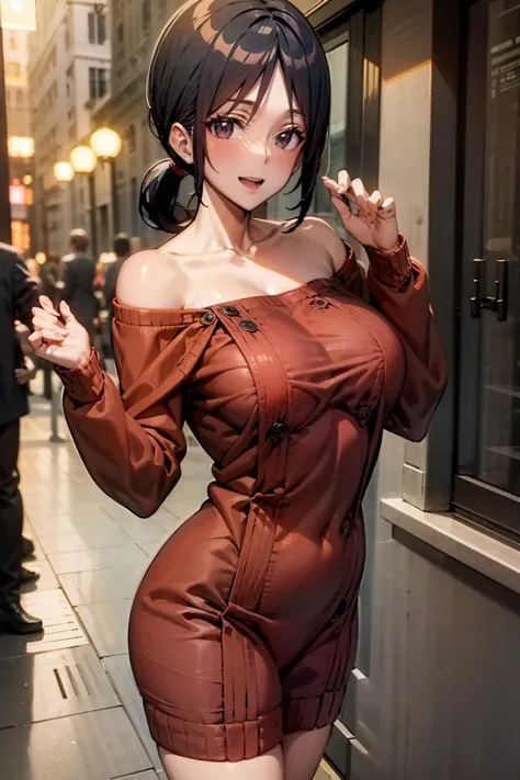 anime girl in brown dress posing in a city street