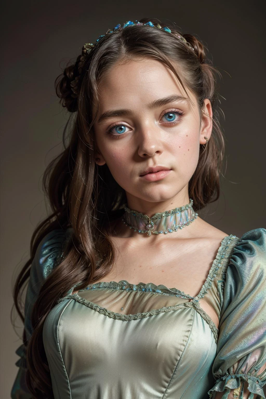 (masterpiece, best quality, high resolution:1.2), Intricate, Detailed Illustration, Dirty Muted Colour Palette, Highly Detailed, Perfectly Detailed Eyes, Studio Lighting, Thematic Background,
(Victorian Girl, Iridescent Gowns:1.3), Face Focus, Head Tilt
