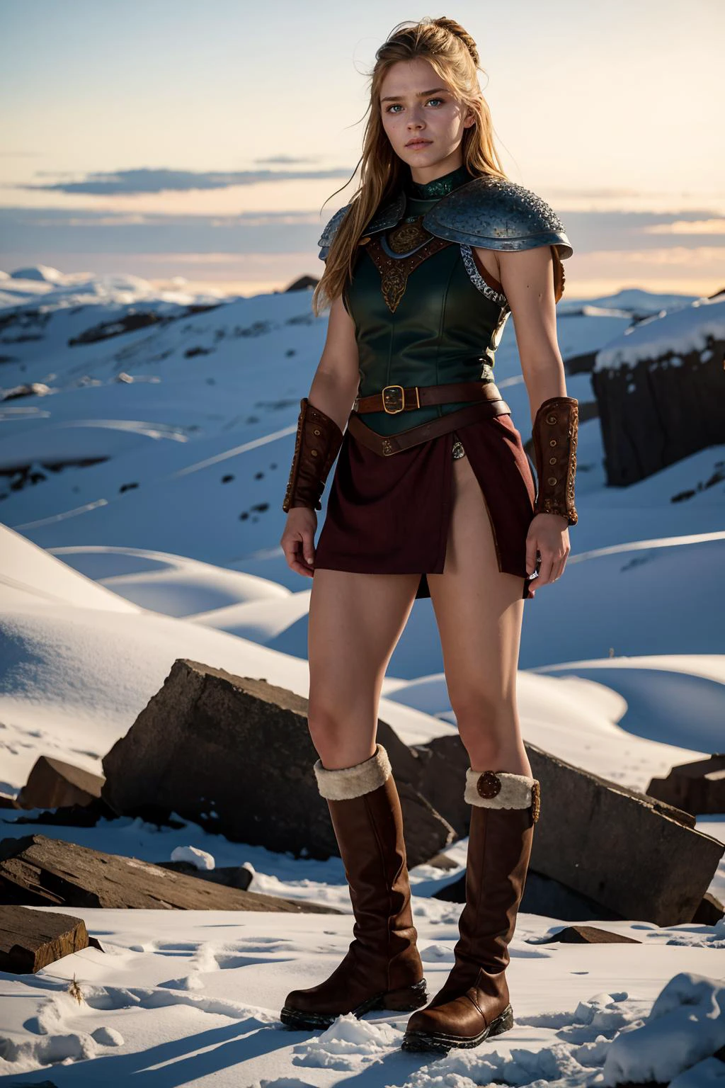 (masterpiece, best quality, high resolution:1.2), detailed face, detailed eyes, detailed skin, extremely detailed, intricate details,
(full body shot) of a fierce Viking shieldmaiden, standing resiliently alone in a harsh winter scape