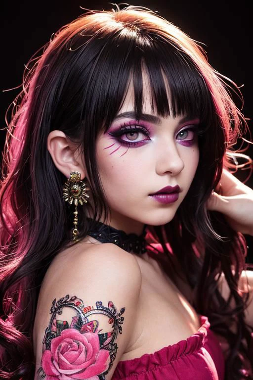 (masterpiece, best quality, high resolution:1.2), th1ckan1m3, CS-CYBR, detailed face, detailed eyes, detailed skin, extremely detailed, intricate details, waist up, photograph of a young goth woman with a nose piercing and heavy makeup, (red eyes:1.2), black lipstick, dark background, low lighting