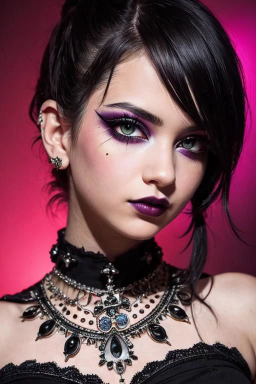 (masterpiece, best quality, high resolution:1.2), th1ckan1m3, CS-CYBR, detailed face, detailed eyes, detailed skin, extremely detailed, intricate details, waist up, photograph of a young goth woman with a nose piercing and heavy makeup, (red eyes:1.2), black lipstick, dark background, low lighting