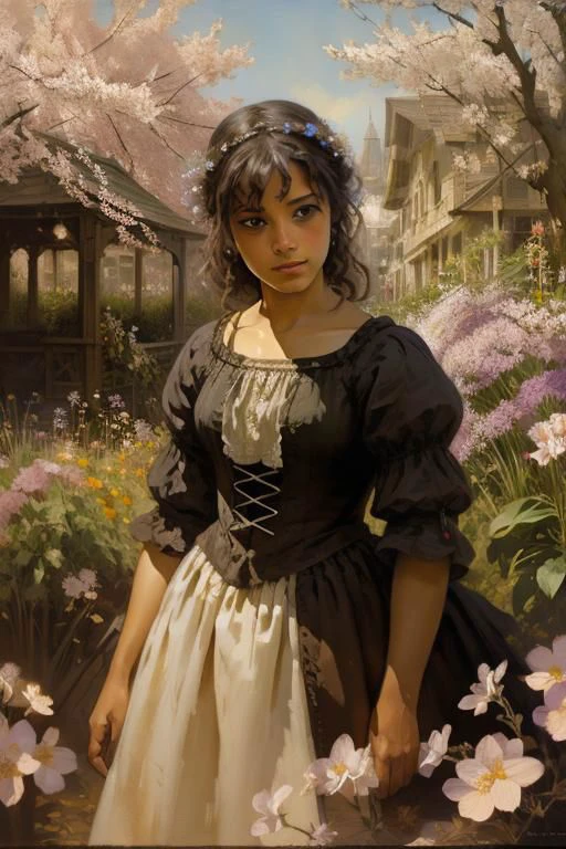 ((best quality)), ((masterpiece)), RTX, 8k, HDR, Best Quality, Cinematic Movie Story, Frank Frazetta, Fabian Perez, Henry Asensio, Jeremy Mann, Mark Simonetti, Realistic Art, Digital Illustration, Portrait, Spiritual Painting, Watercolor, Oil Paints, Digital Art , Spring maid, rich Sunbeams, garden with blossoming, Sakura flowers and bougainville, mystical, dreamy, rococo detailed, intricate, mannerism , muted colors, masterpiece, high quality,