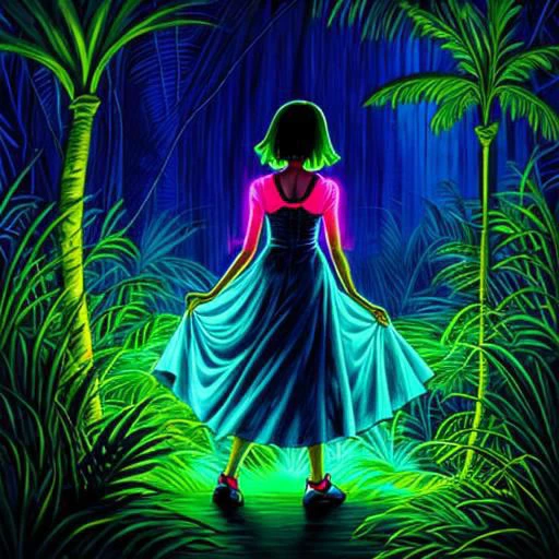 Neon, Frau in einem Kleid tanzt nachts in einem Dschungel