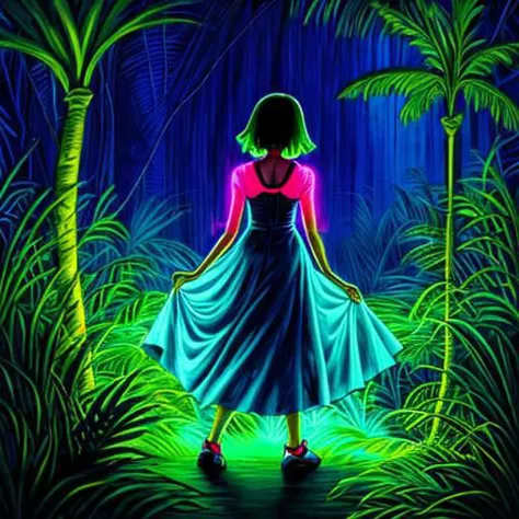neon, woman in a dress dancing in a jungle at night