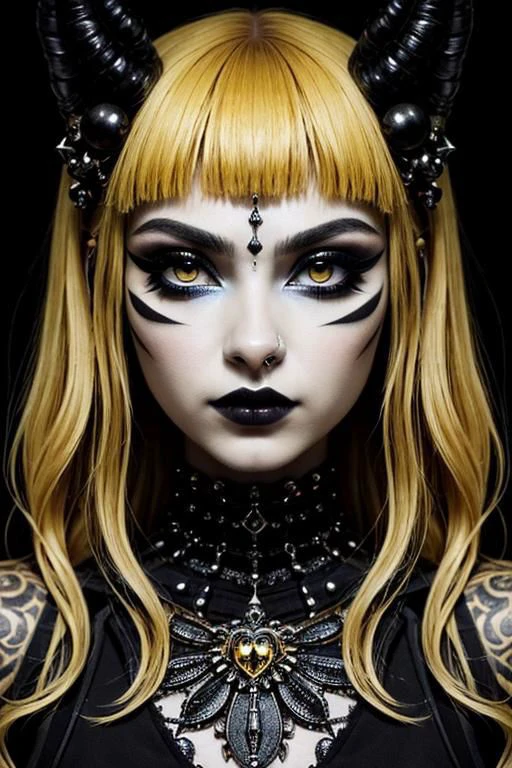 (masterpiece, best quality, high resolution:1.2), th1ckan1m3, detailed face, detailed eyes, detailed skin, extremely detailed, intricate details, portrait of a young goth woman with a nose piercing and heavy makeup, (yellow cat eyes:1.2), black lipstick, dark background, low lighting