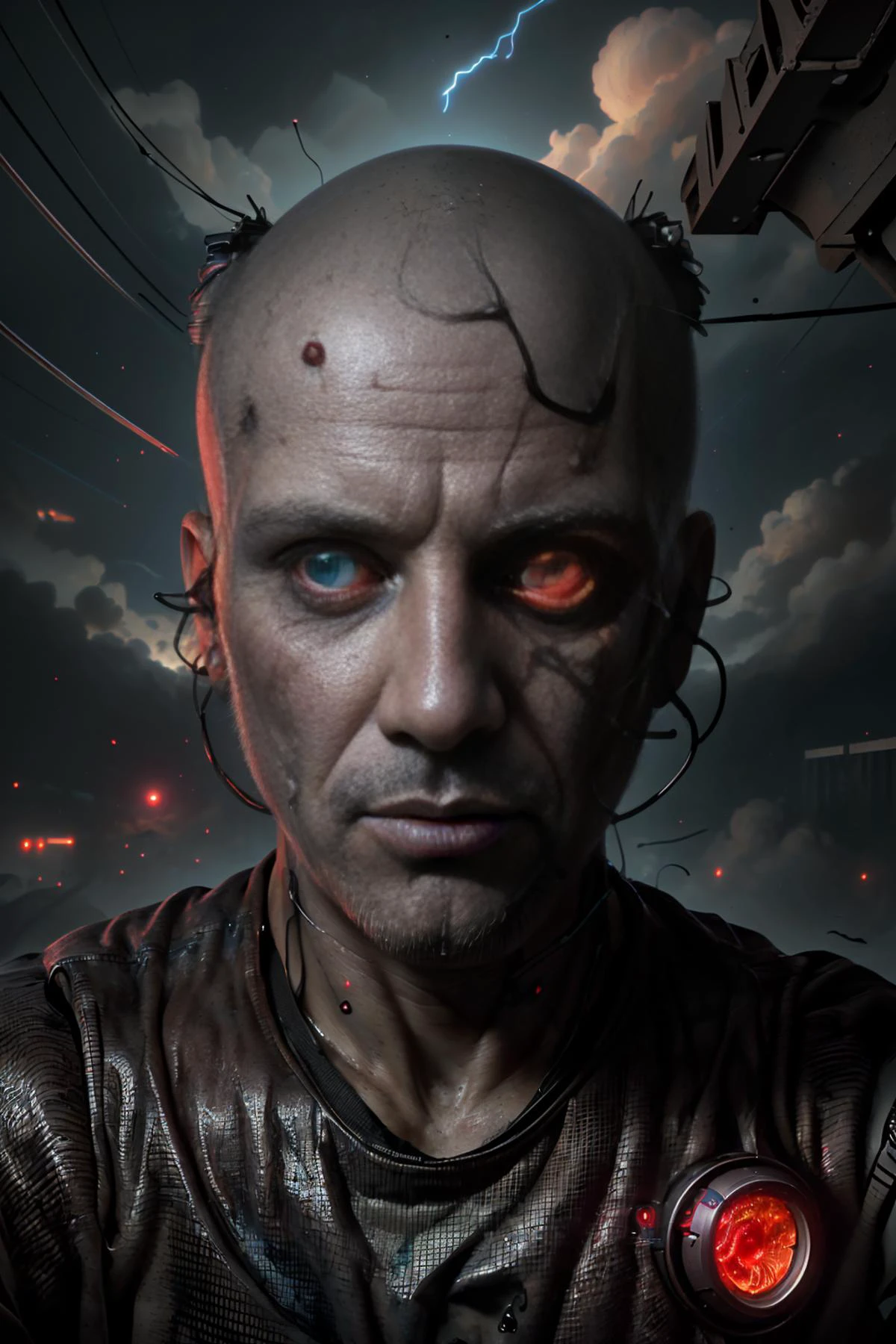Portrait de 1man, Shv33l , avec la moitié de son visage robotique, divisé au milieu, engrenages et métal, cadre cyberpunk, yeux rouges brillants, intention mortelle, mignon, Effrayant, dangereux, Adorable, ciel nuageux, smog   