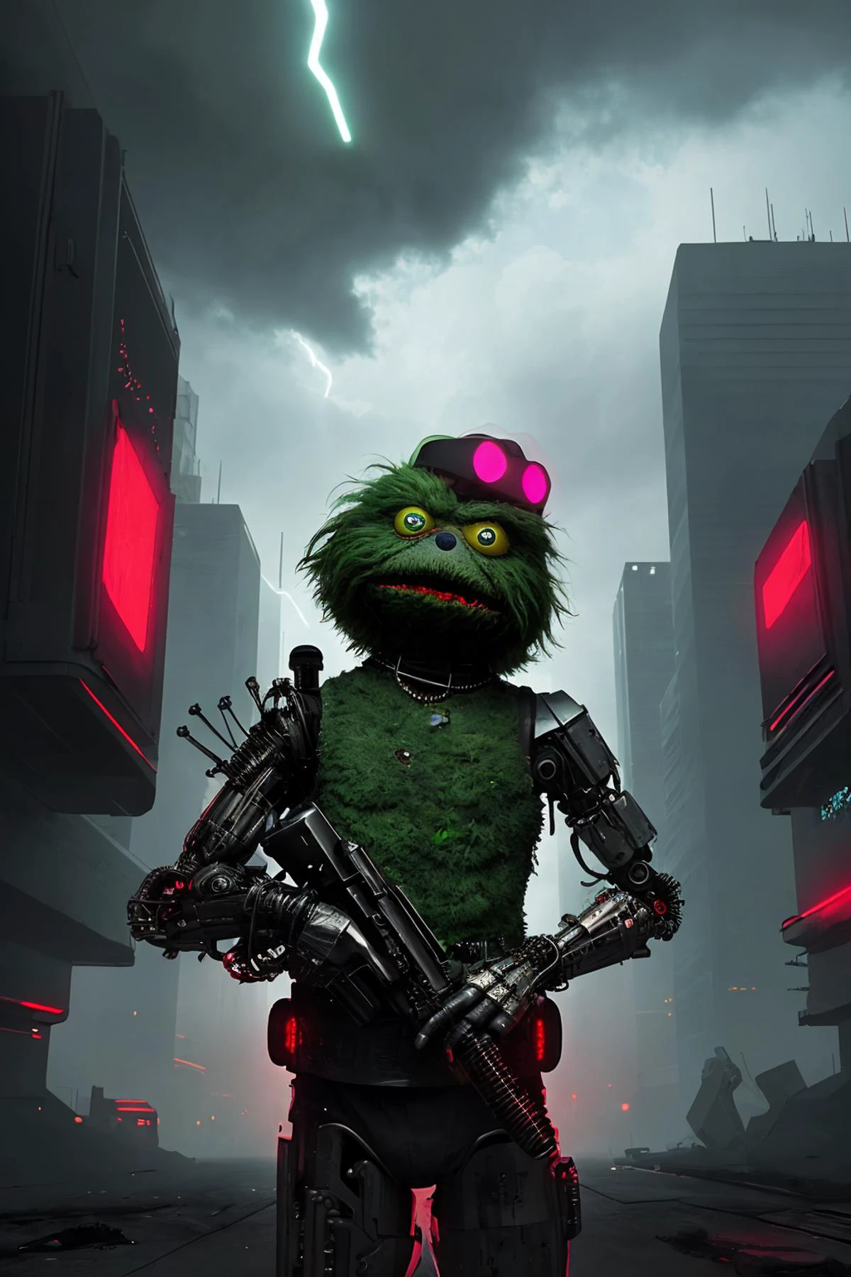Porträt von Oscar dem Grouch als Cyborg in einem Cyberpunk-Setting, leuchtend rote Augen, tödliche Absicht, Niedlich, Erschreckend, gefährlich, Liebenswert, wolkige Himmel, smog