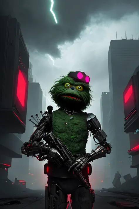 portrait of oscar the grouch as a cyborg in a cyberpunk setting, glowing red eyes, deadly intent, cute, frightening, dangerous, ...