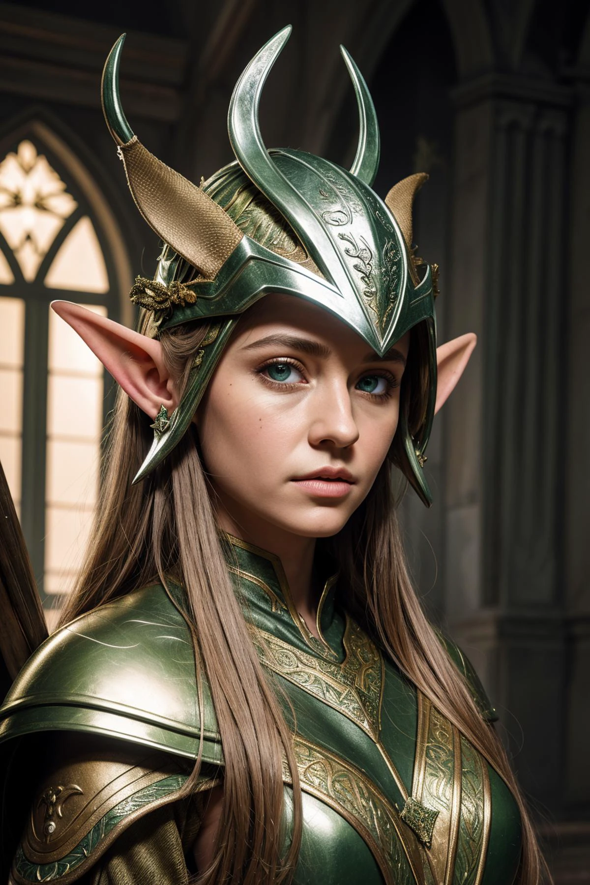 (masterpiece, best quality, high resolution:1.2), Intricate, Detailed Illustration, Dirty Muted Colour Palette, Highly Detailed, Perfectly Detailed Eyes, Dramatic Lighting, Thematic Background,
(Elven Warrior, Light Elven Amor, Elven Helmet, Elven Bow:1.3), Face Focus
