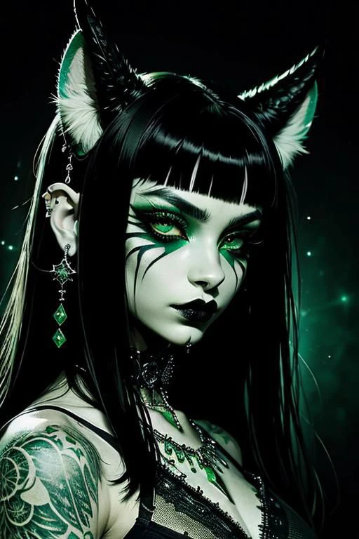 (masterpiece, best quality, high resolution:1.2), th1ckan1m3, detailed face, detailed eyes, detailed skin, extremely detailed, intricate details, portrait of a young goth woman with a nose piercing and heavy makeup, (green cat eyes:1.2), black lipstick, dark background, low lighting