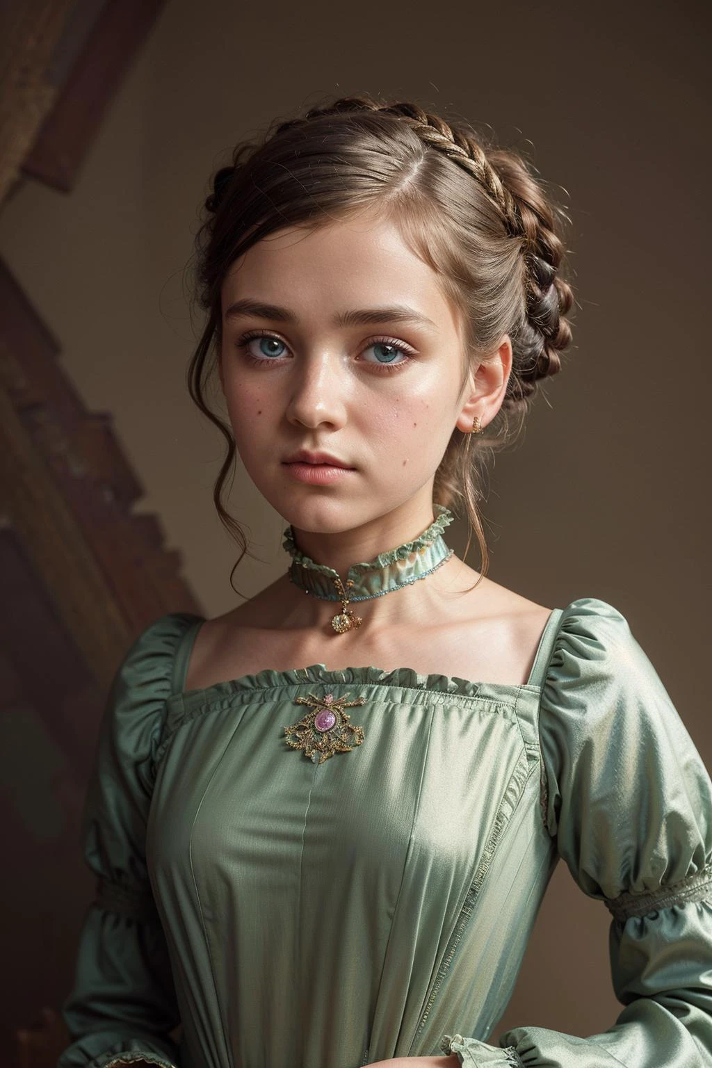 (masterpiece, best quality, high resolution:1.2), Intricate, Detailed Illustration, Dirty Muted Colour Palette, Highly Detailed, Perfectly Detailed Eyes, Studio Lighting, Thematic Background,
(Victorian Girl, Iridescent Gowns:1.3), Face Focus
