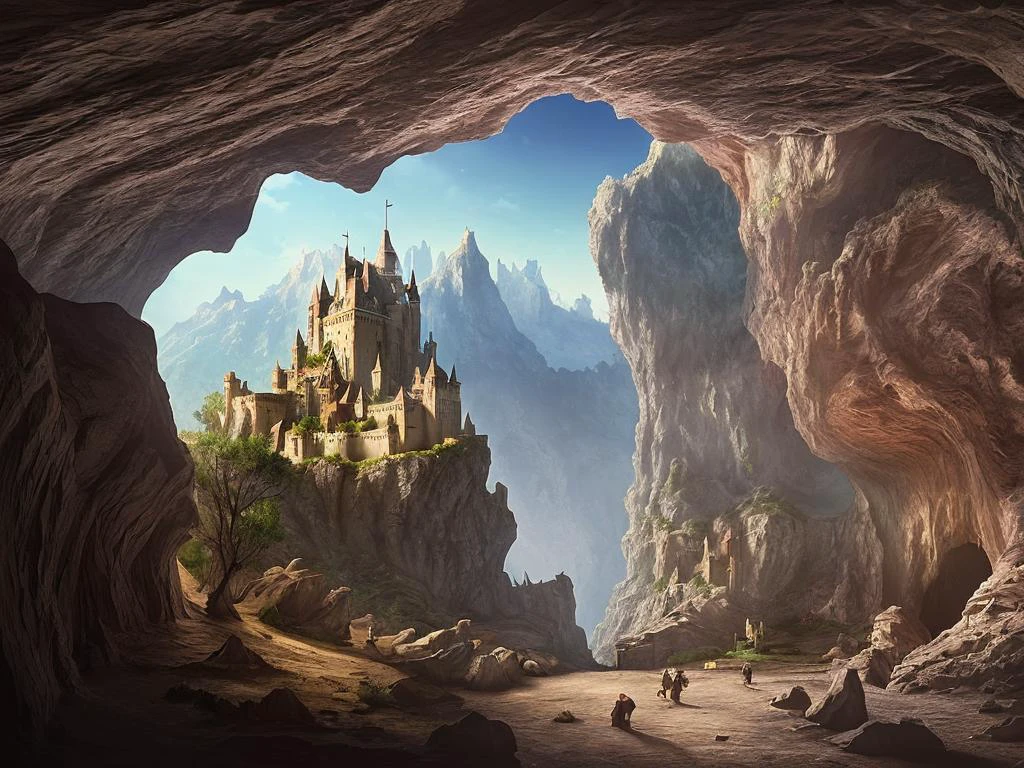 magic mountain,cave entrance,landscape,castle in a cave