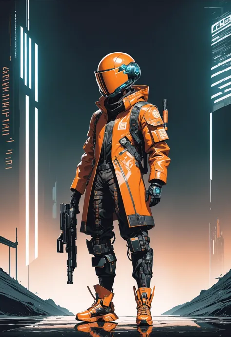 a man in an orange jacket and helmet holding a machine gun and a helmet on his head and a pair of orange shoes, Enki Bilal, tech...