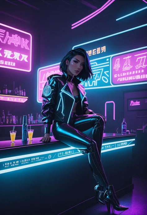 Cybercore Aesthetic, a woman sitting on a counter in a neon lit bar with neon signs and neon lights behind her and a neon sign b...
