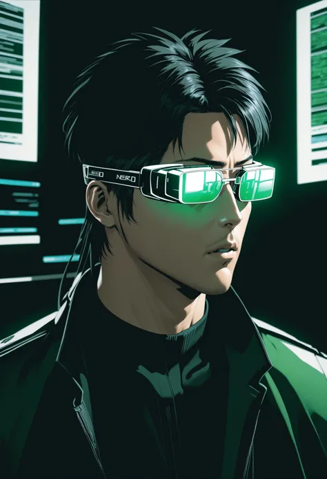 Cybercore Aesthetic, a man wearing a pair of virtual glasses in front of a computer screen with a green background and a black b...